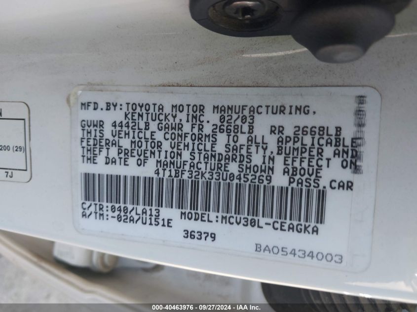 4T1BF32K33U045269 2003 Toyota Camry Xle V6