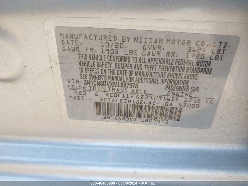 3N1CN8DVXML807978 2021 Nissan Versa S