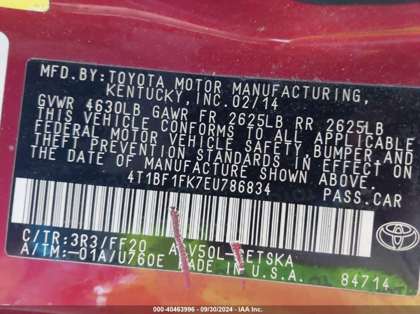 4T1BF1FK7EU786834 2014 Toyota Camry L/Se/Le/Xle