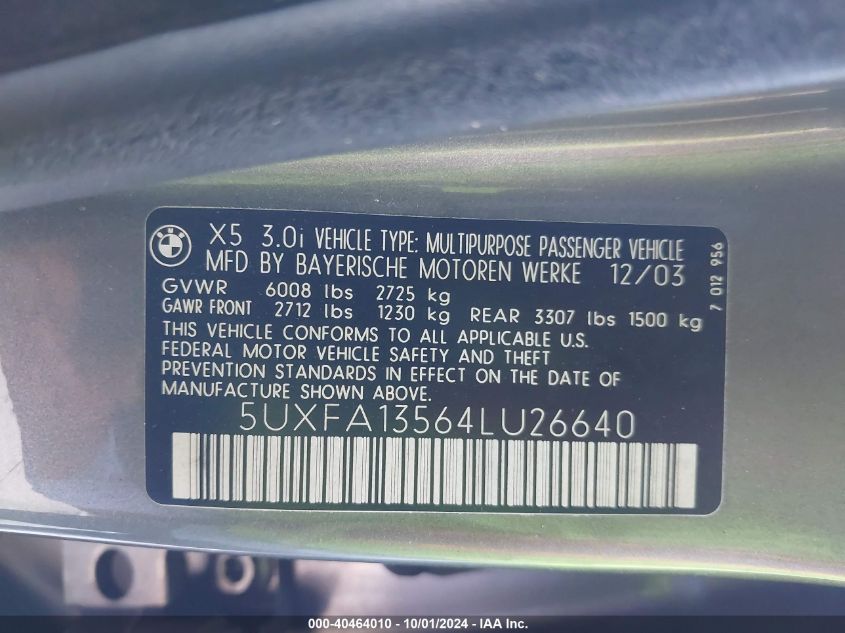 5UXFA13564LU26640 2004 BMW X5 3.0I