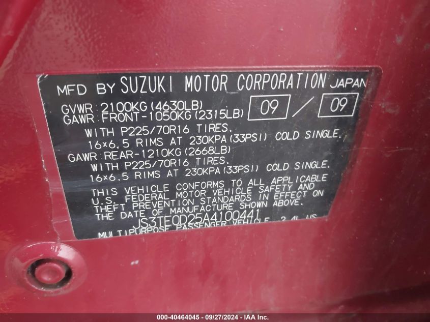 JS3TE0D25A4100441 2010 Suzuki Grand Vitara Premium