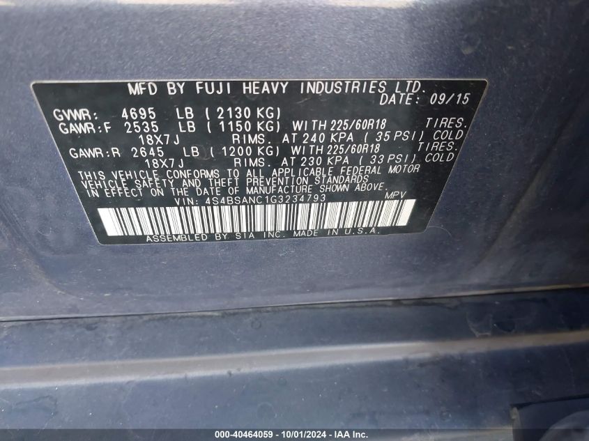 VIN 4S4BSANC1G3234793 2016 Subaru Outback, 2.5I Lim... no.9