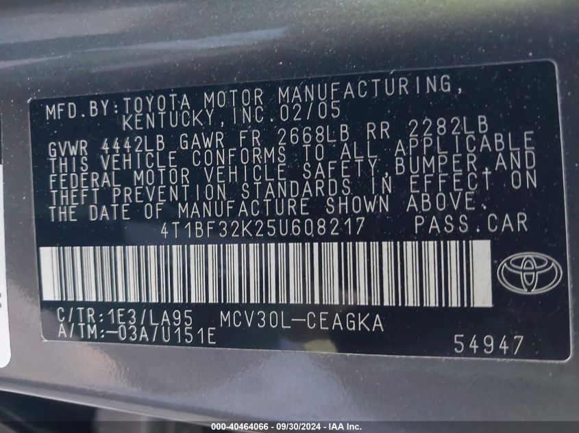 4T1BF32K25U608217 2005 Toyota Camry Xle V6