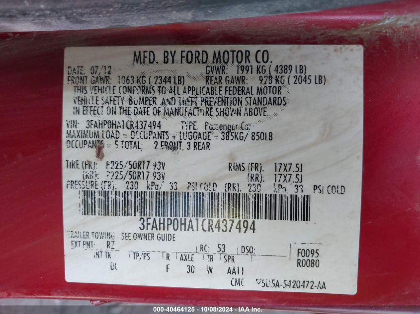 3FAHP0HA1CR437494 2012 Ford Fusion Se