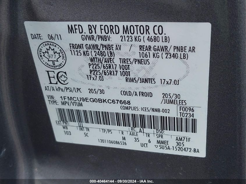 1FMCU9EG0BKC67668 2011 Ford Escape Limited