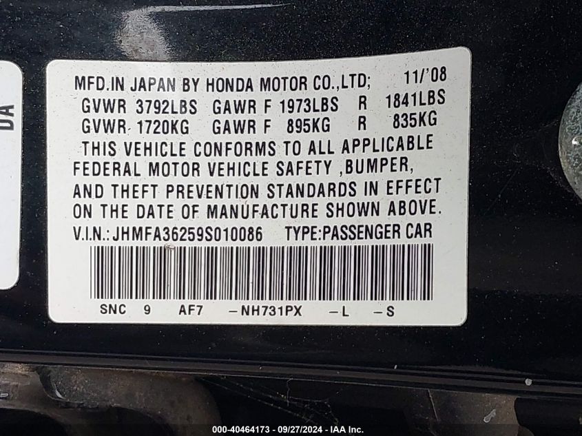 JHMFA36259S010086 2009 Honda Civic Hybrid