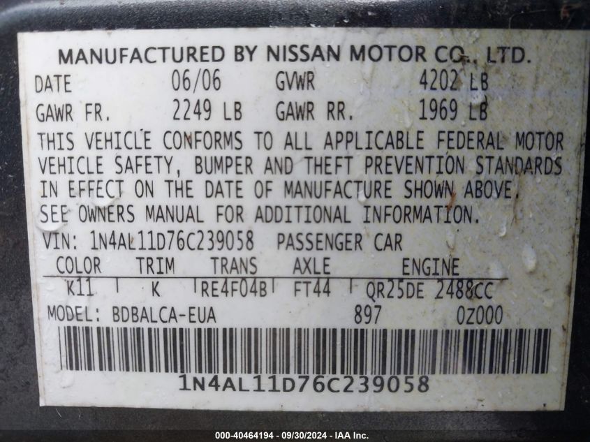1N4AL11D76C239058 2006 Nissan Altima 2.5 S