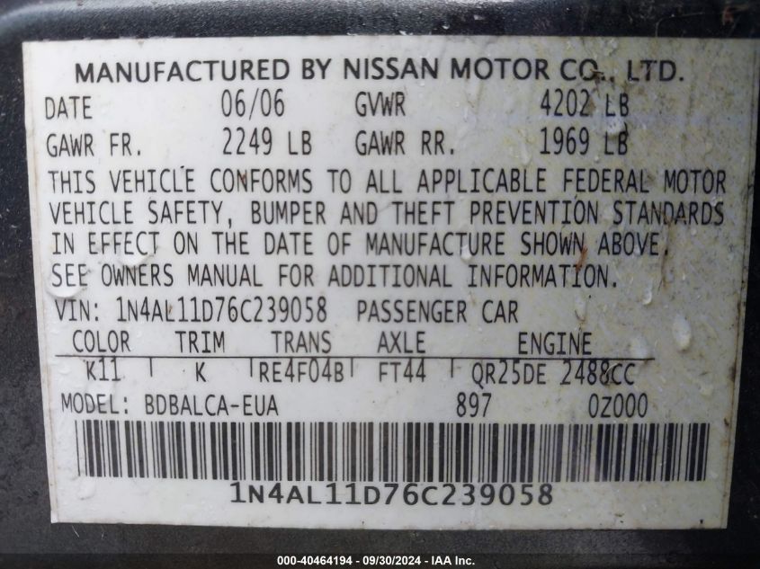 2006 Nissan Altima 2.5 S VIN: 1N4AL11D76C239058 Lot: 40464194