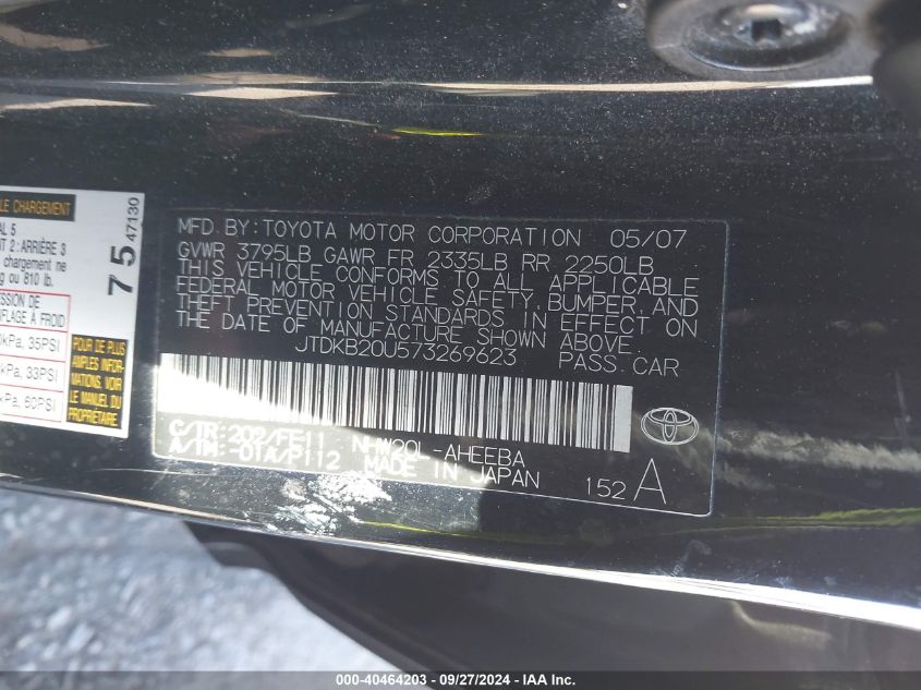 2007 Toyota Prius VIN: JTDKB20U573269623 Lot: 40464203