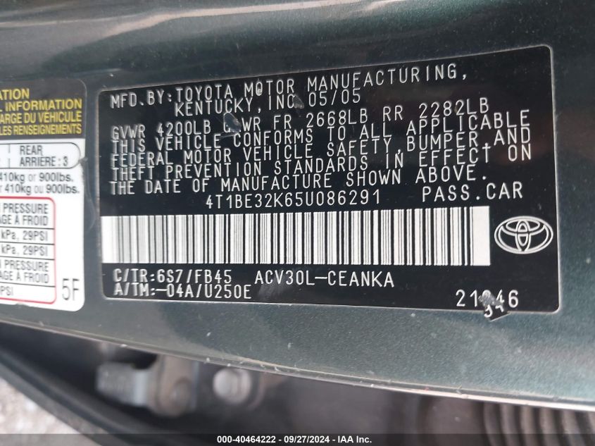 4T1BE32K65U086291 2005 Toyota Camry Le