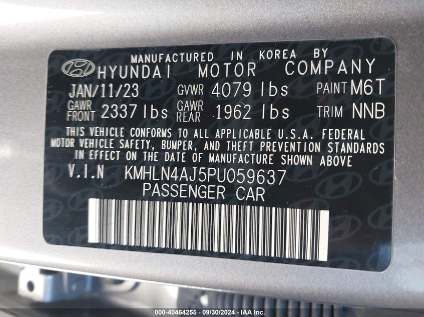 2023 Hyundai Elantra Hybrid Limited VIN: KMHLN4AJ5PU059637 Lot: 40464255