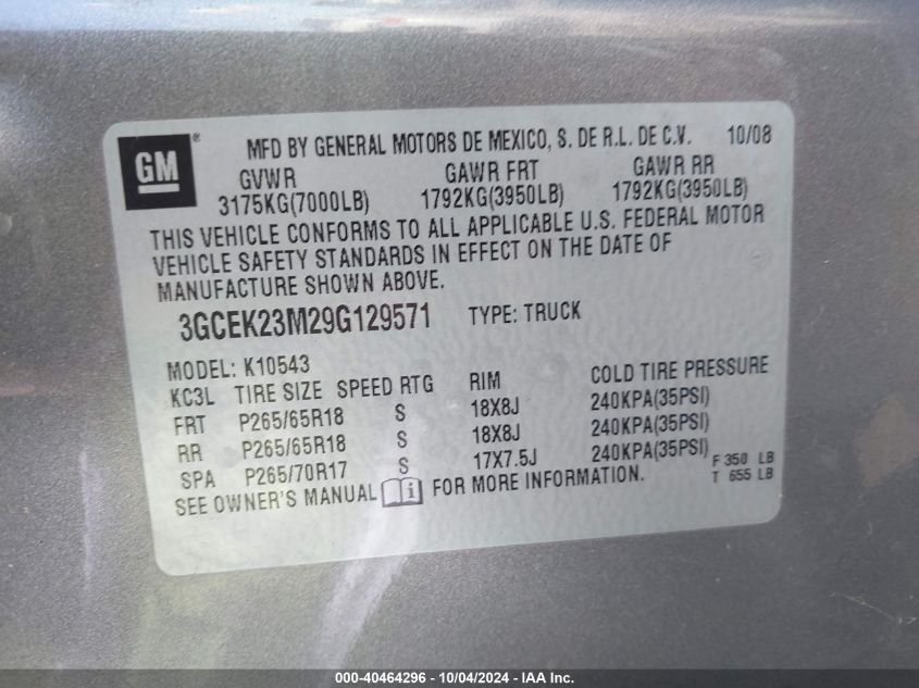 3GCEK23M29G129571 2009 Chevrolet Silverado 1500 Lt