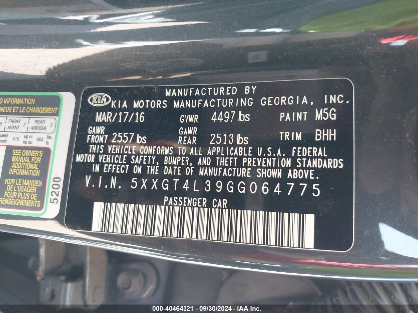 5XXGT4L39GG064775 2016 Kia Optima Lx