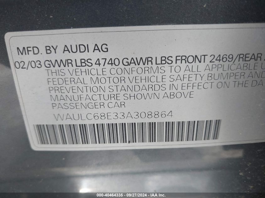 WAULC68E33A308864 2003 Audi A4 1.8T