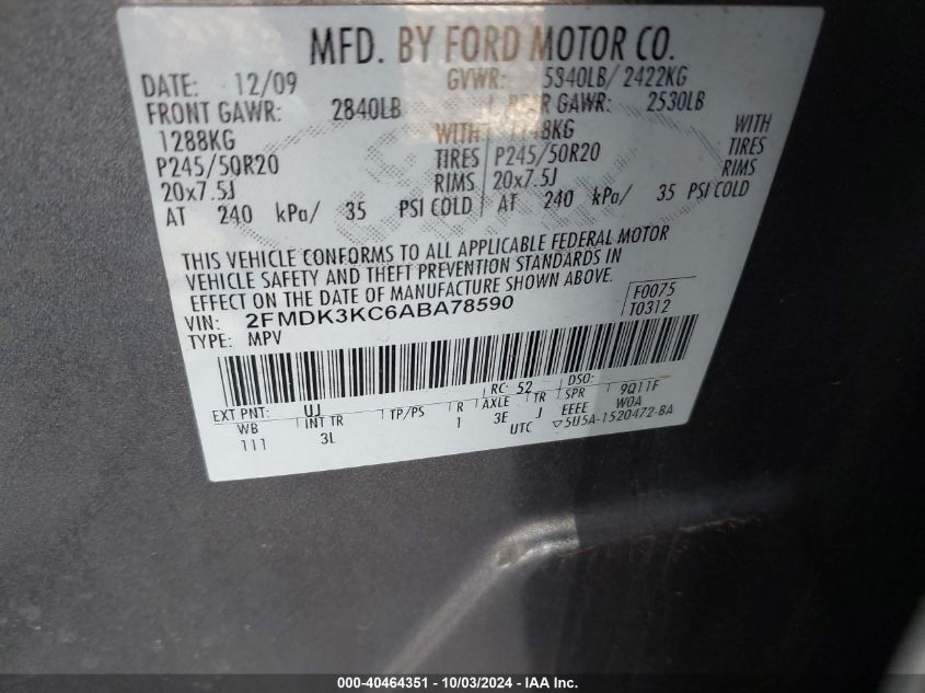 2FMDK3KC6ABA78590 2010 Ford Edge Limited