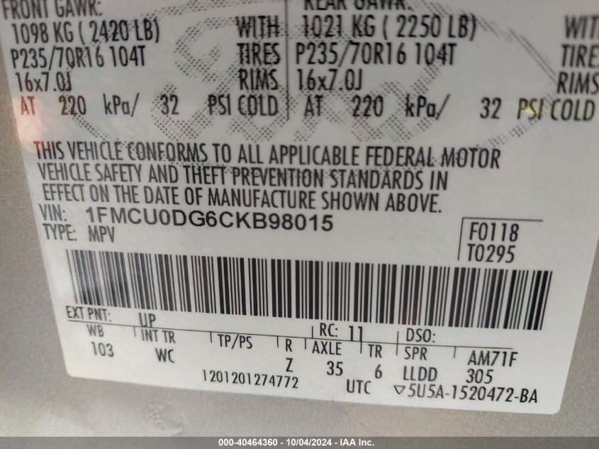 1FMCU0DG6CKB98015 2012 Ford Escape Xlt