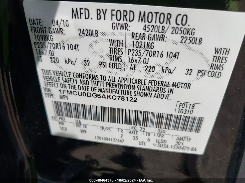 1FMCU0DG6AKC78122 2010 Ford Escape Xlt