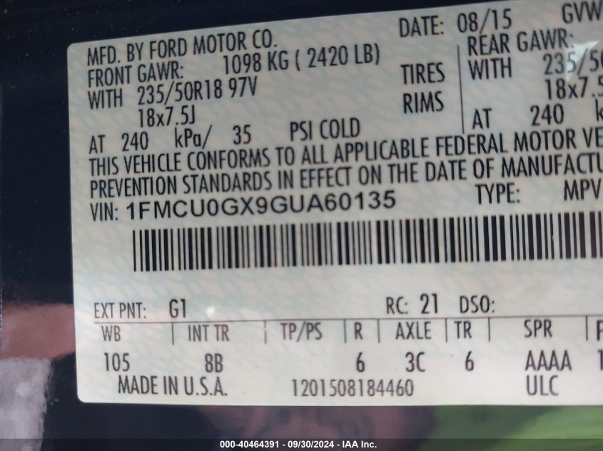 1FMCU0GX9GUA60135 2016 Ford Escape Se