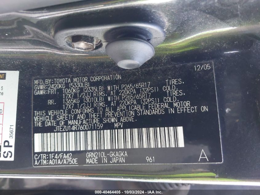 2006 TOYOTA 4RUNNER VIN: JTEZU14R760071159