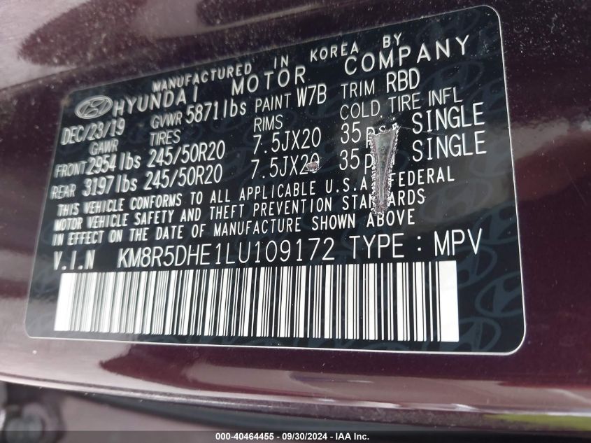 KM8R5DHE1LU109172 2020 Hyundai Palisade Limited