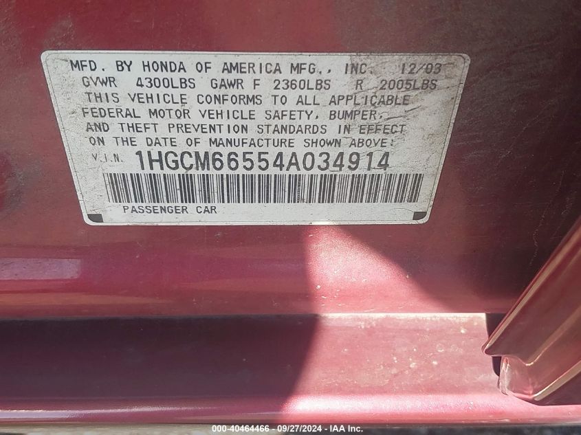 1HGCM66554A034914 2004 Honda Accord 3.0 Ex