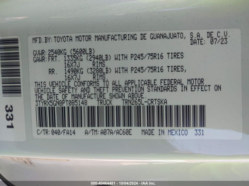 2023 Toyota Tacoma Sr VIN: 3TYRX5GN8PT085148 Lot: 40464481