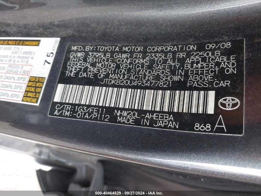 2009 Toyota Prius VIN: JTDKB20U493477821 Lot: 40464529