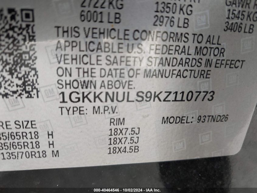 1GKKNULS9KZ110773 2019 GMC Acadia Slt-1