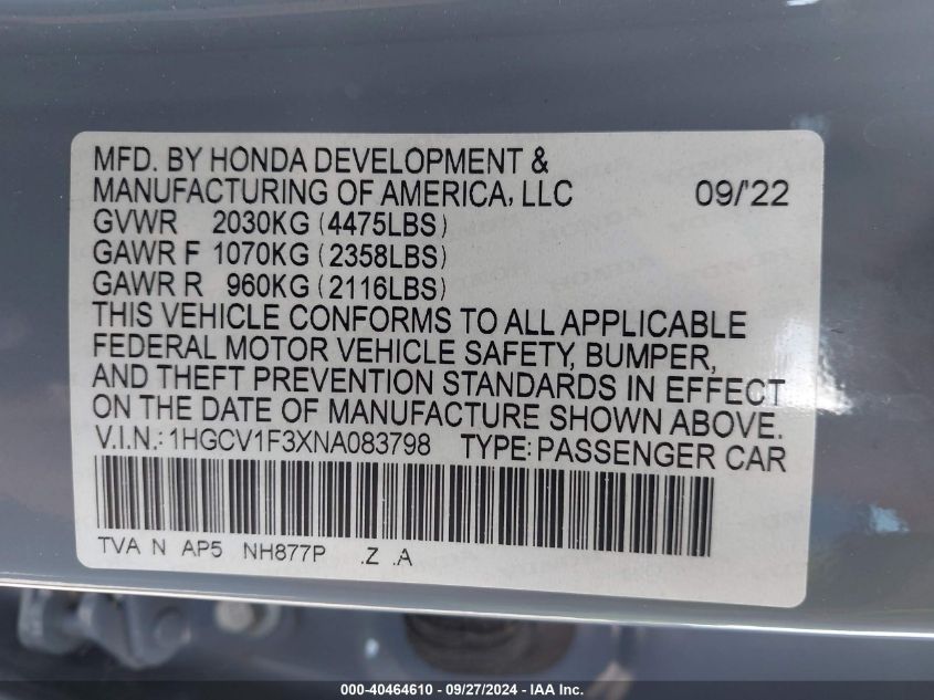 1HGCV1F3XNA083798 2022 Honda Accord Sport