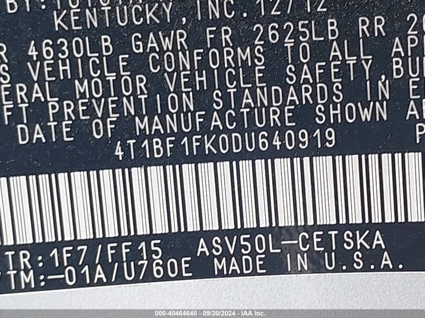 4T1BF1FK0DU640919 2013 Toyota Camry Se