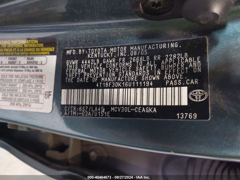 2006 Toyota Camry Xle V6 VIN: 4T1BF30K16U111194 Lot: 40464673