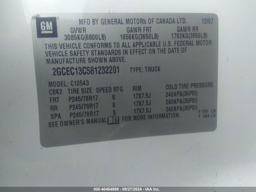 2GCEC13C581232201 2008 Chevrolet Silverado 1500 Work Truck