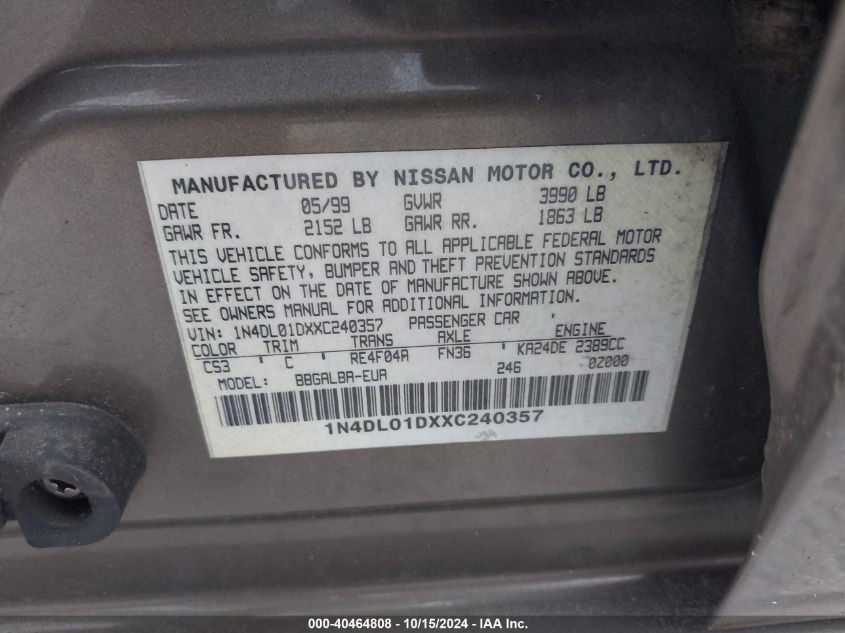 1999 Nissan Altima Gle/Gxe/Se/Se-L/Xe VIN: 1N4DL01DXXC240357 Lot: 40464808