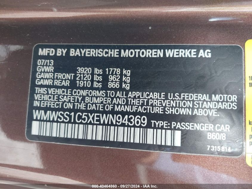 2014 Mini Paceman Cooper VIN: WMWSS1C5XEWN94369 Lot: 40464860