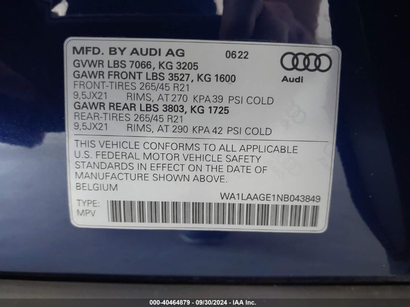 2022 Audi E-Tron Premium Plus VIN: WA1LAAGE1NB043849 Lot: 40464879