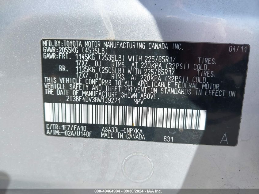 2011 Toyota Rav4 VIN: 2T3BF4DV3BW139221 Lot: 40464984