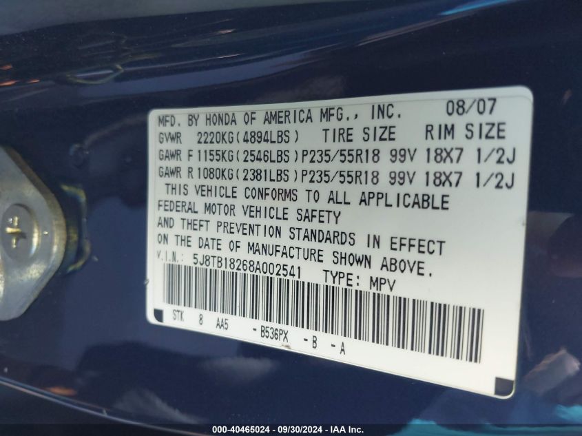 5J8TB18268A002541 2008 Acura Rdx