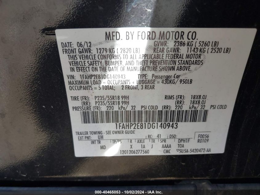 1FAHP2E81DG140943 2013 Ford Taurus Sel