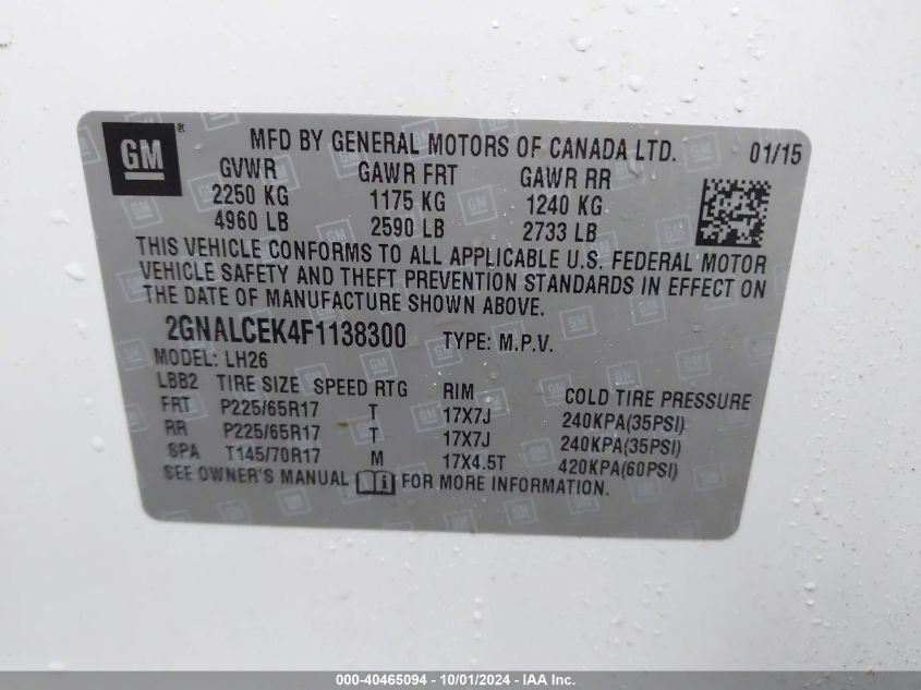 2GNALCEK4F1138300 2015 Chevrolet Equinox 2Lt