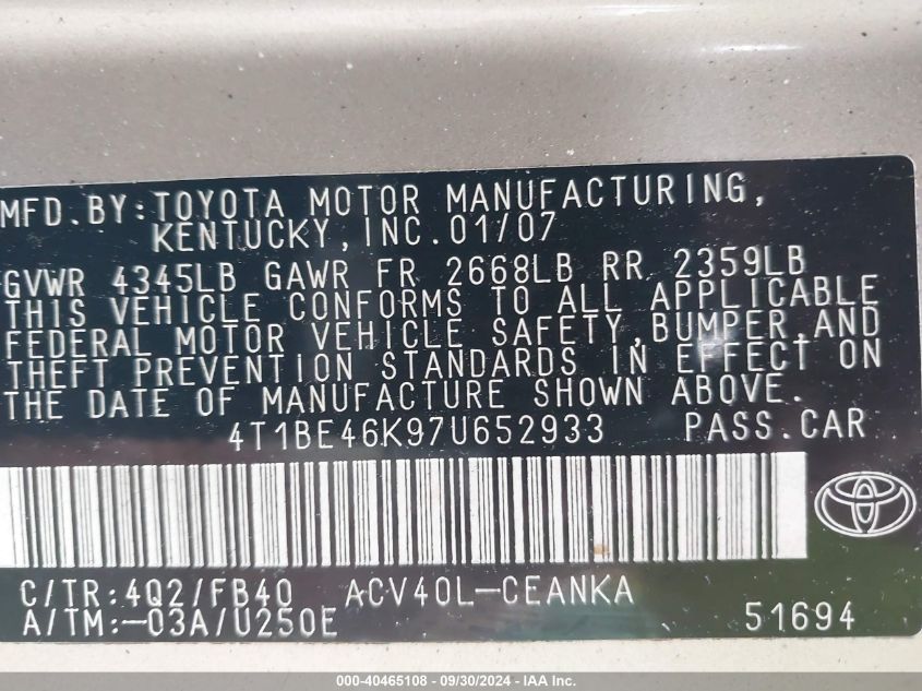 4T1BE46K97U652933 2007 Toyota Camry Ce/Le/Xle/Se