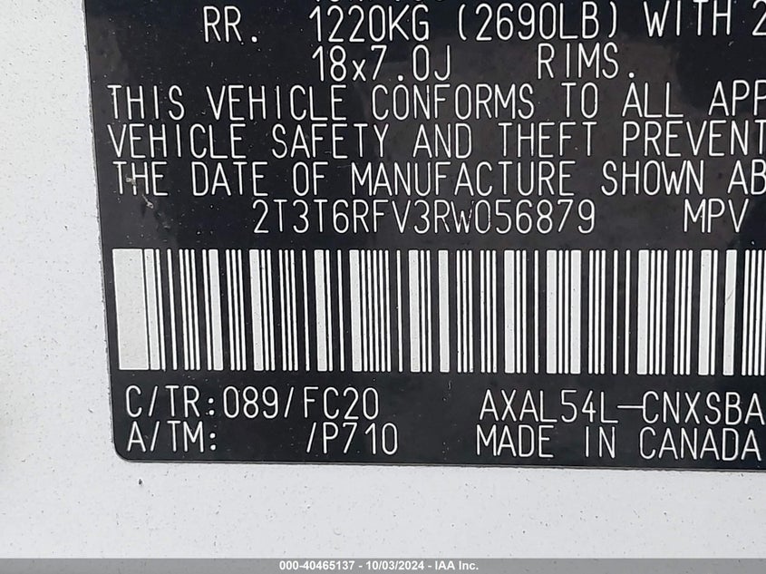 2024 TOYOTA RAV4 HYBRID SE VIN: 2T3T6RFV3RW056879