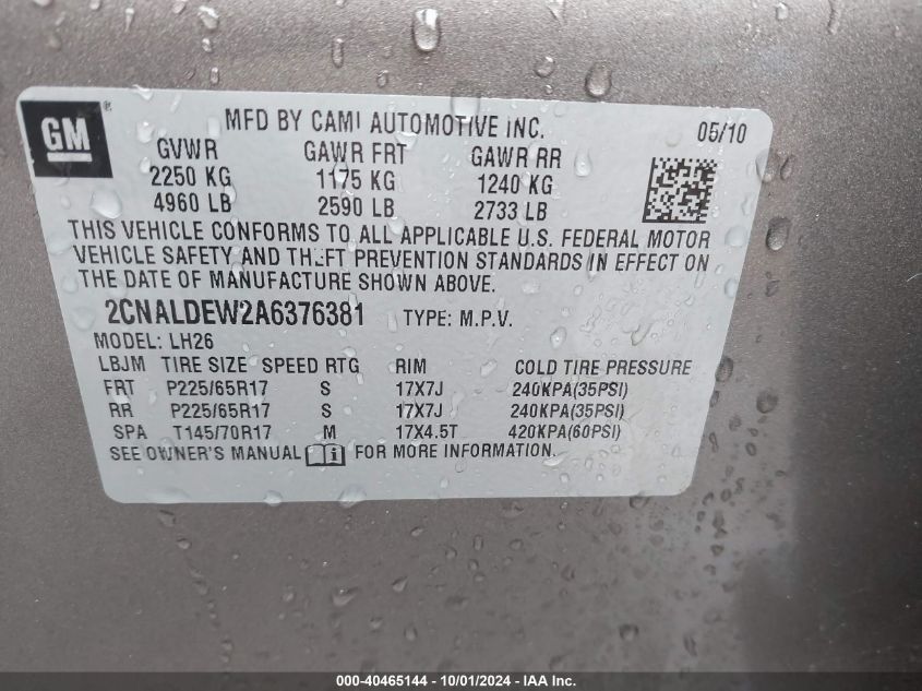 2CNALDEW2A6376381 2010 Chevrolet Equinox Lt