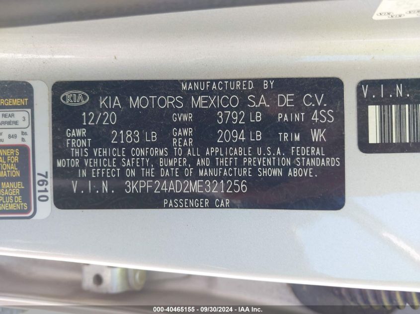 2021 Kia Forte Fe/Lxs VIN: 3KPF24AD2ME321256 Lot: 40465155