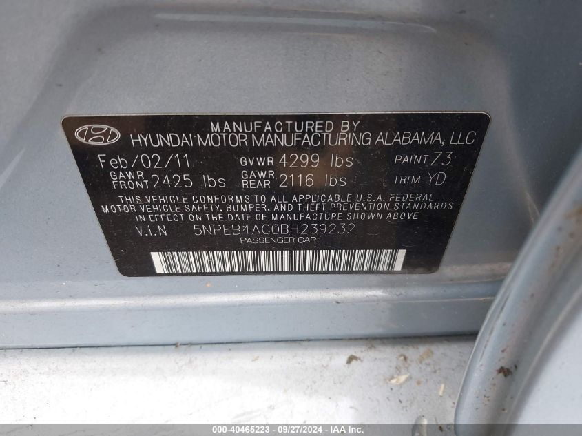 5NPEB4AC0BH239232 2011 Hyundai Sonata Gls