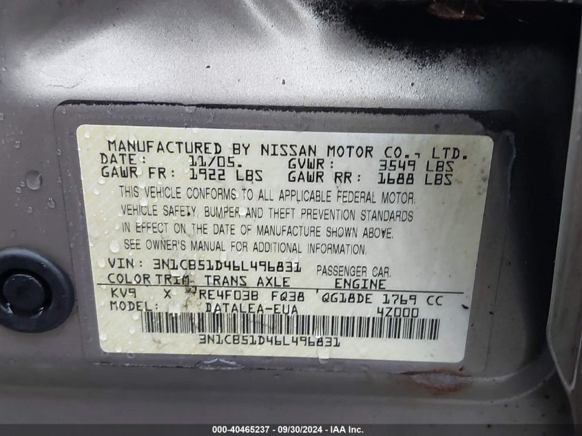 3N1CB51D46L496831 2006 Nissan Sentra 1.8S