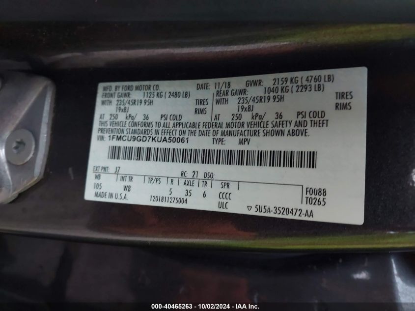 1FMCU9GD7KUA50061 2019 Ford Escape Se