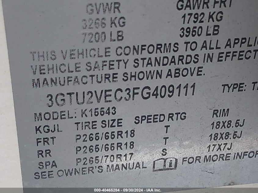 3GTU2VEC3FG409111 2015 GMC Sierra 1500 K1500 Slt