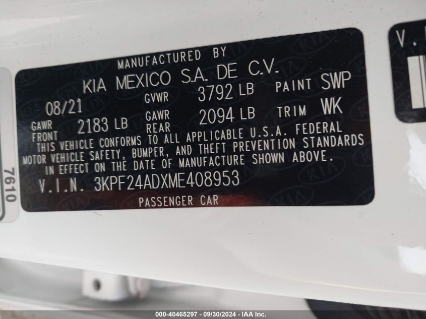 2021 Kia Forte Fe/Lxs VIN: 3KPF24ADXME408953 Lot: 40465297