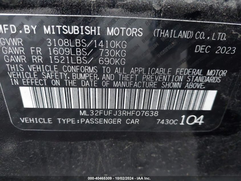 2024 Mitsubishi Mirage G4 Es VIN: ML32FUFJ3RHF07638 Lot: 40465309