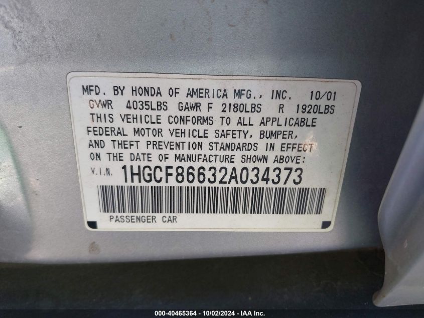 1HGCF86632A034373 2002 Honda Accord 2.3 Vp